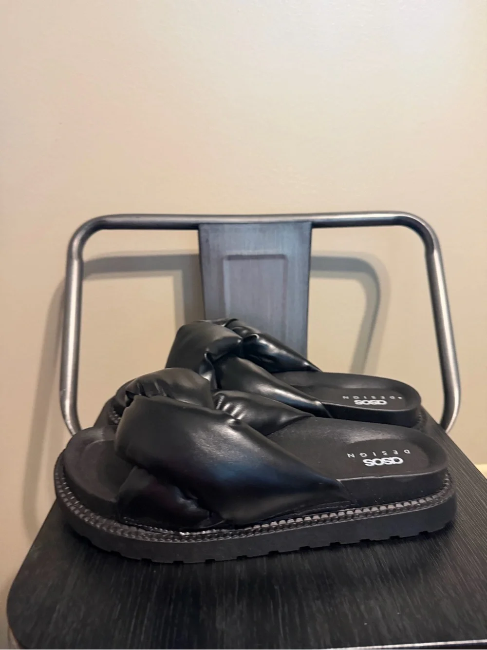 ASOS Design Puffy Knot Slide Sandals Black Faux Leather EU 38 US 7